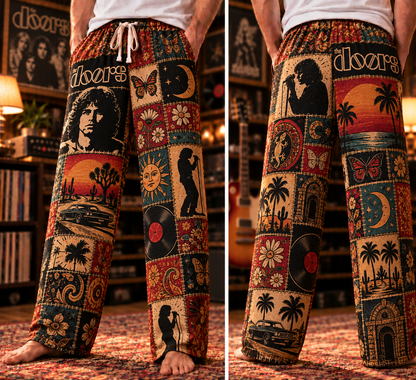 The Doors Patchwork Pajama Pants - Vintage Psychedelic Rock Art Lounge Pants with Elastic Waistband, Adjustable Drawstring & Two Side Pockets
