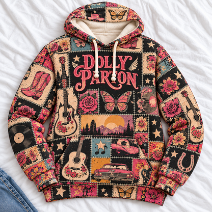 Dolly Parton Patchwork Hoodie – Vintage Country Music Graphic Pullover, Retro Western Floral Hoodie, Dolly Parton Fan Gift