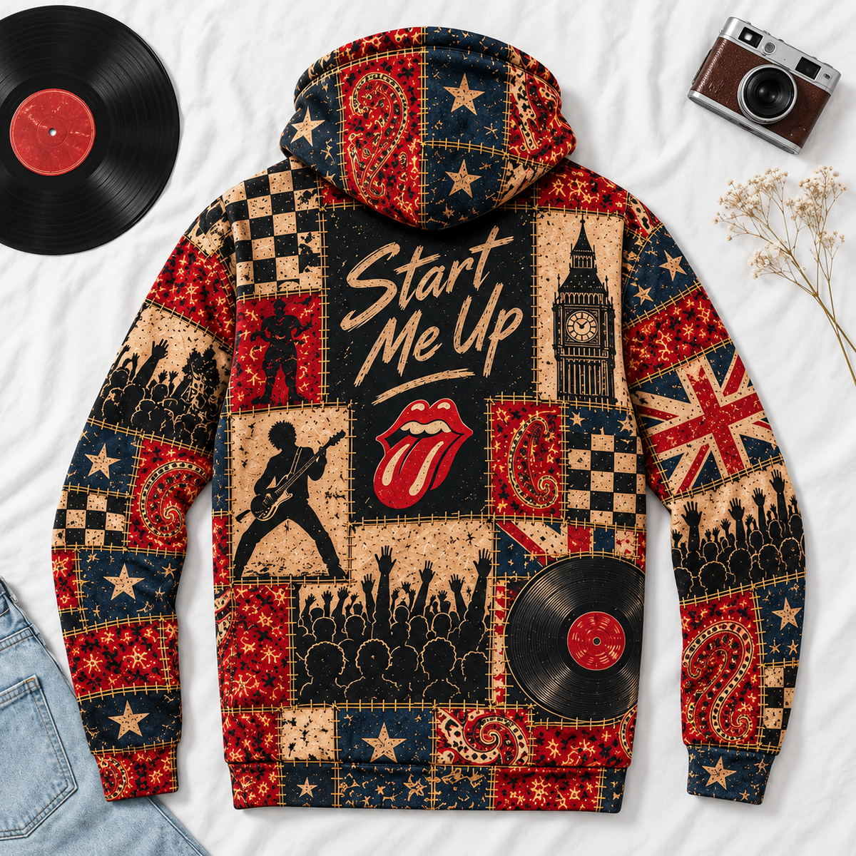 The Rolling Stones Patchwork Hoodie – Vintage Rock Band Graphic Pullover, Tongue Logo & Union Jack Design, Retro Classic Rock Fan Gift