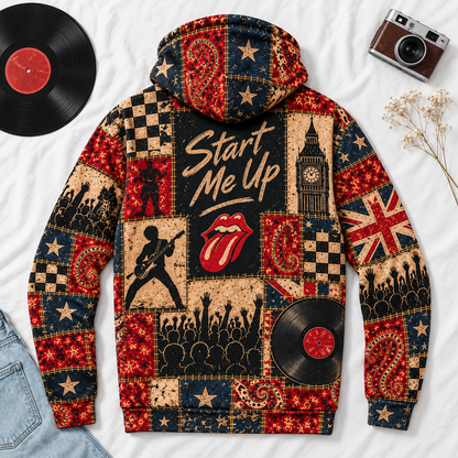 The Rolling Stones Patchwork Hoodie – Vintage Rock Band Graphic Pullover, Tongue Logo & Union Jack Design, Retro Classic Rock Fan Gift
