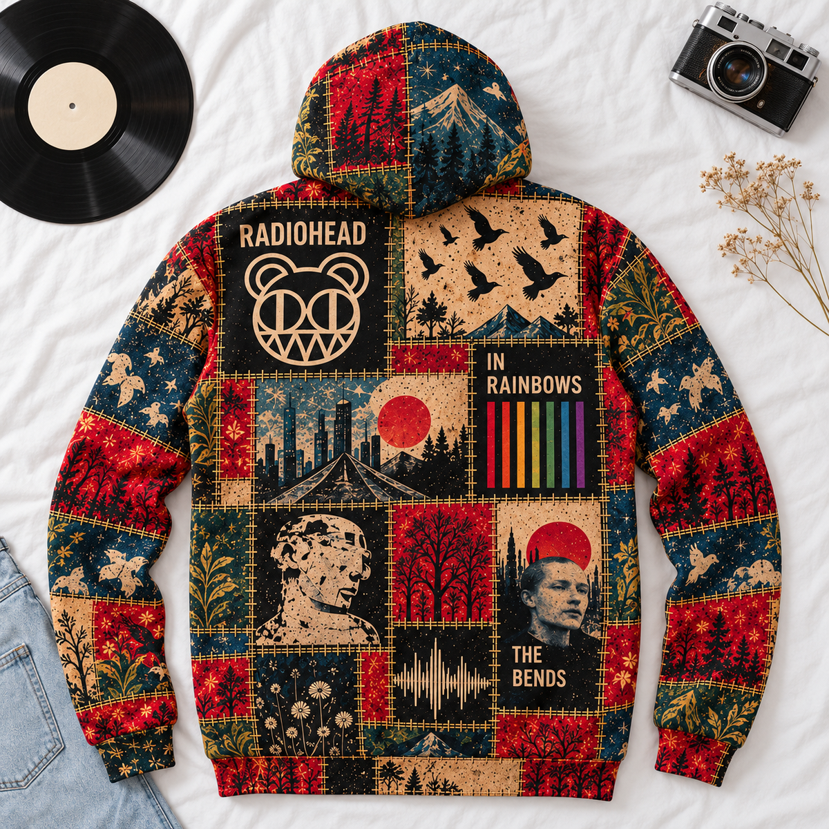 Radiohead Patchwork Hoodie – Vintage Alternative Rock Graphic Pullover, OK Computer Kid A Amnesiac Inspired Hoodie, Radiohead Fan Gift