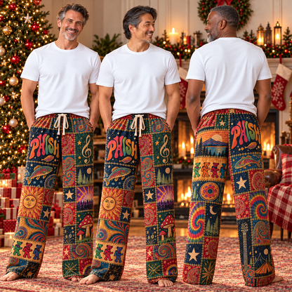 Phish Classic Jam Band Pajama Pants - Retro Patchwork Fish Art, Donut Pattern & Tie-Dye Sleepwear - Comfortable Pajama Bottoms for Music Fans & Collectors Gift