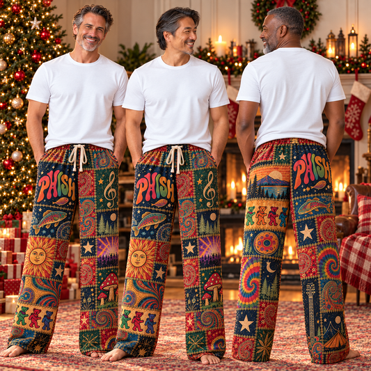 Phish Classic Jam Band Pajama Pants - Retro Patchwork Fish Art, Donut Pattern & Tie-Dye Sleepwear - Comfortable Pajama Bottoms for Music Fans & Collectors Gift