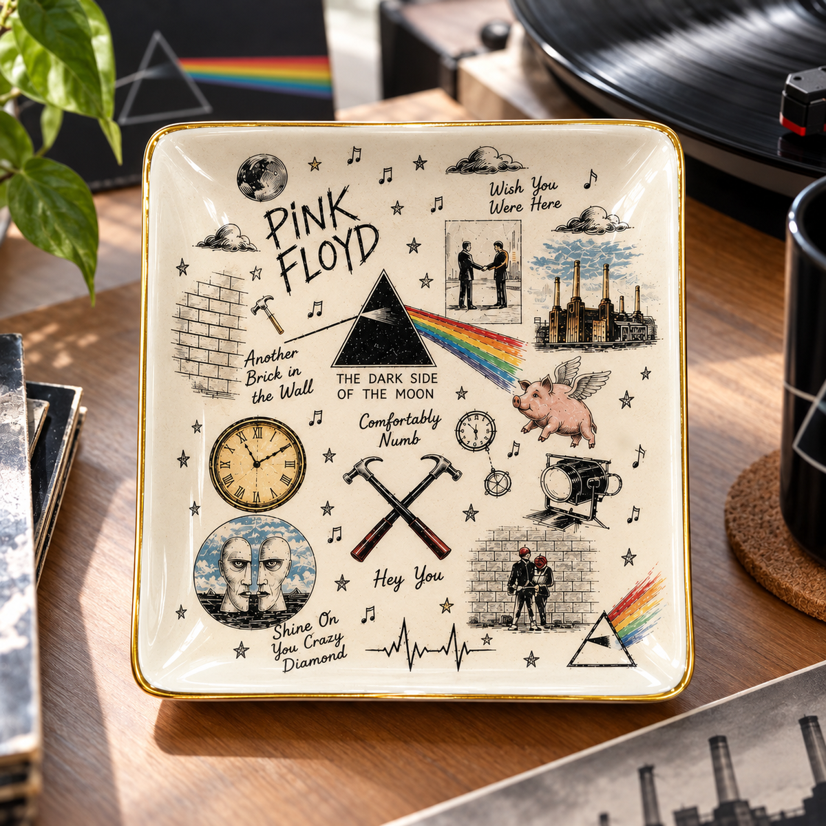 Pink Floyd Sketch Art Jewelry Dish - Ceramic Trinket Tray, Dark Side of the Moon Ring Holder, Prog Rock Band Fan Gift