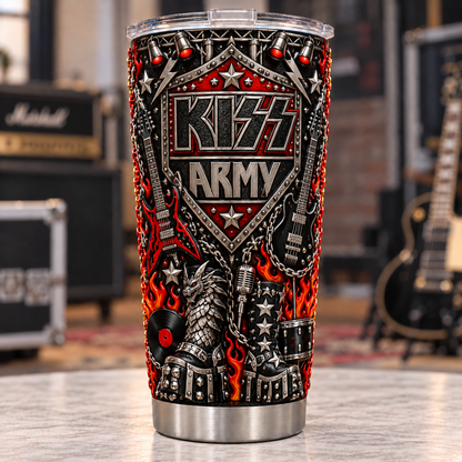 KISS 3D Printed Tumbler - 20oz Stainless Steel Insulated Travel Coffee Mug with Lid - Heavy Metal Hard Rock Band Music Merchandise Gift