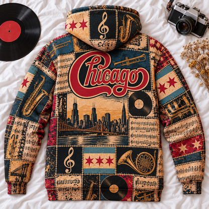 Chicago Band Patchwork Hoodie – Vintage Classic Rock Graphic Pullover, Retro 70s 80s Music Hoodie, Chicago Fan Gift
