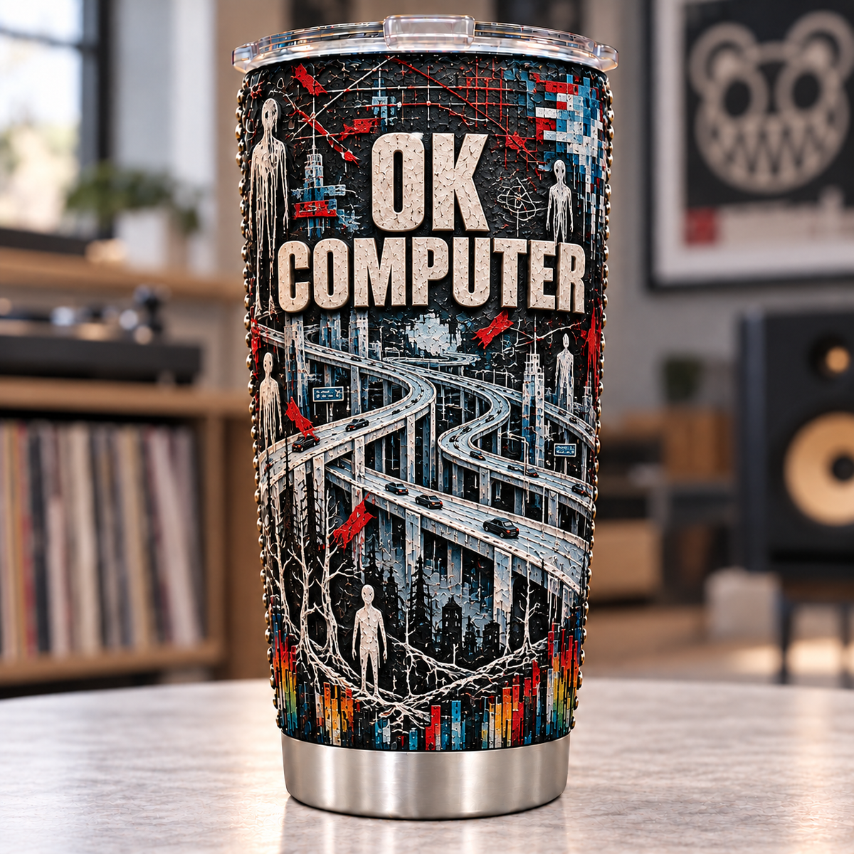Radiohead 3D Printed Tumbler - 20oz Stainless Steel Insulated Travel Coffee Mug with Lid - Alternative Rock Band Music Merchandise Gift