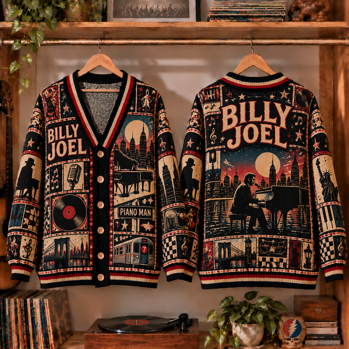 Billy Joel Retro Graphic Cardigan - Vintage Singer Knit Outerwear, Piano Man Fan Apparel & Fashion Style Gift