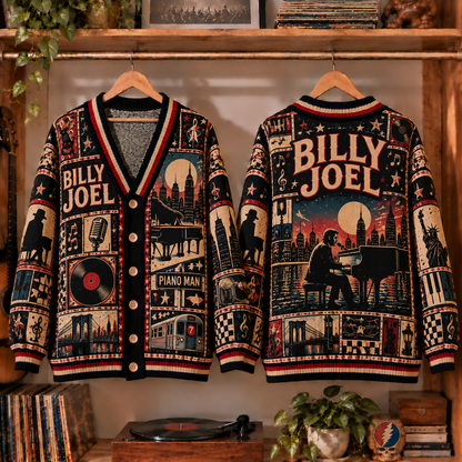 Billy Joel Retro Graphic Cardigan - Vintage Singer Knit Outerwear, Piano Man Fan Apparel & Fashion Style Gift