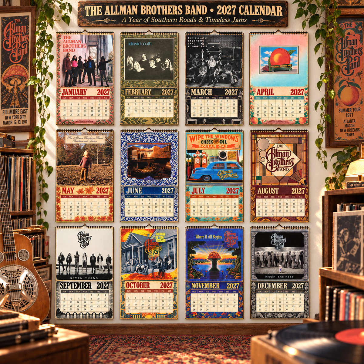 The Allman Brothers Band 2027 Album Covers Music Wall Calendar - Timeless Southern Rock Classic Album Art Hanging Calendar
