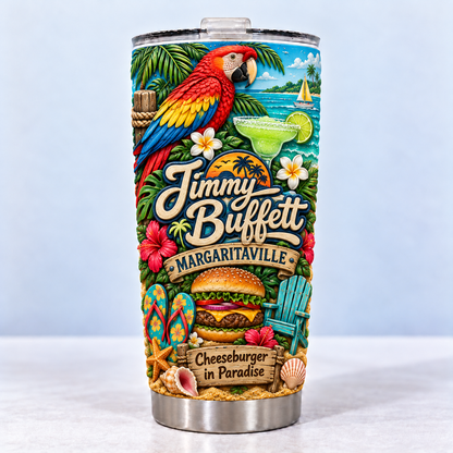 Jimmy Buffett 3D Printed Tumbler - 20oz Stainless Steel Insulated Travel Coffee Mug with Lid - Margaritaville Trop Rock Merchandise Gift