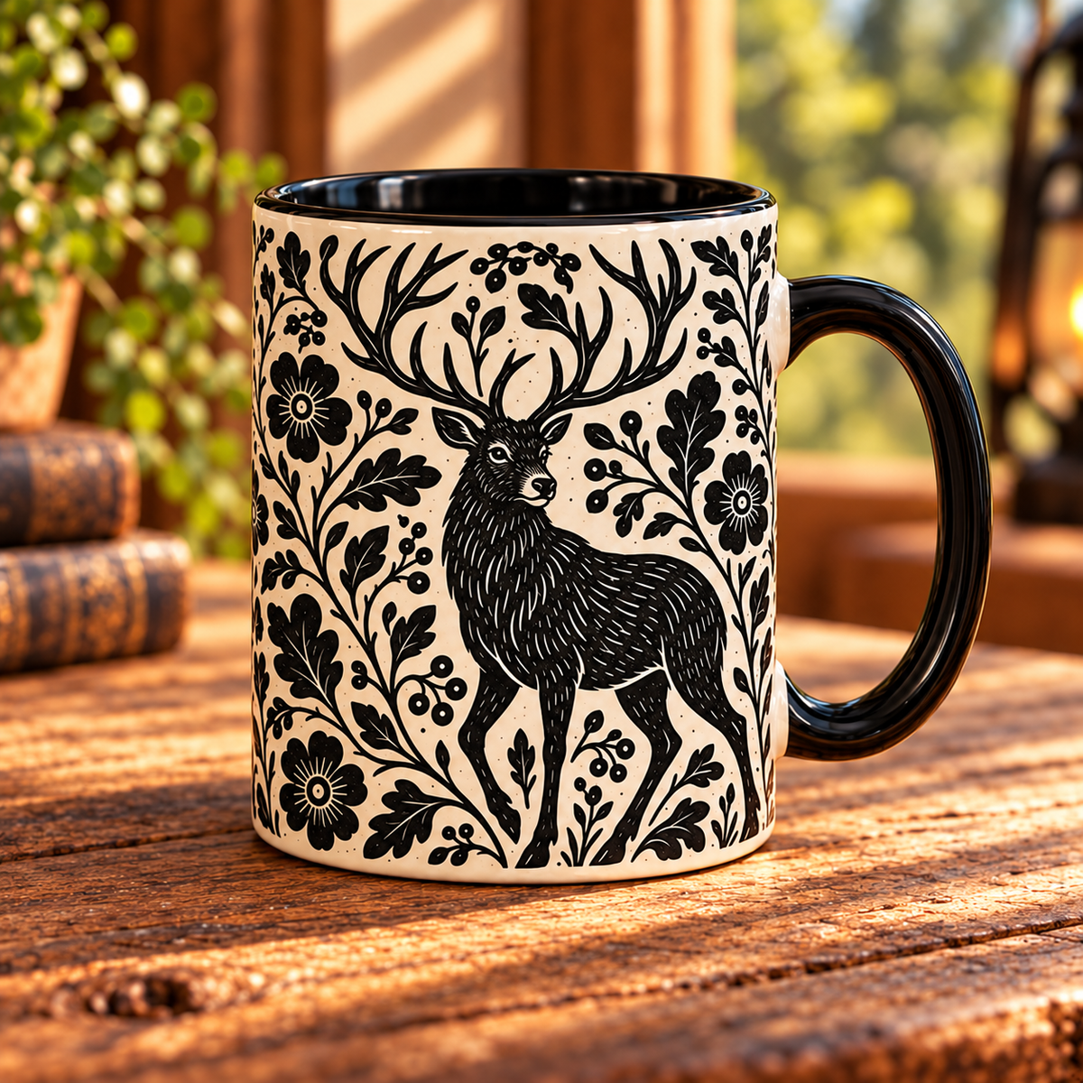 Stag Botanical Linocut Ceramic Mug - Botanical Folk Art Black and White Wildlife Mug, Black Linocut Wildlife Tea Cup