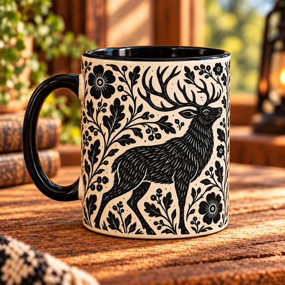 Stag Botanical Linocut Ceramic Mug - Botanical Folk Art Black and White Wildlife Mug, Black Linocut Wildlife Tea Cup