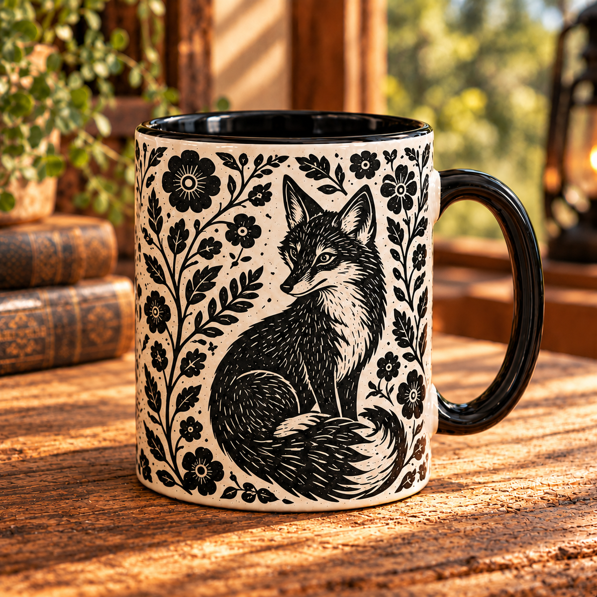 Fox Botanical Linocut Ceramic Mug - Aesthetic Black & White Forest Animals Coffee Cup Home Decor