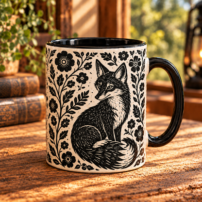 Fox Botanical Linocut Ceramic Mug - Aesthetic Black & White Forest Animals Coffee Cup Home Decor