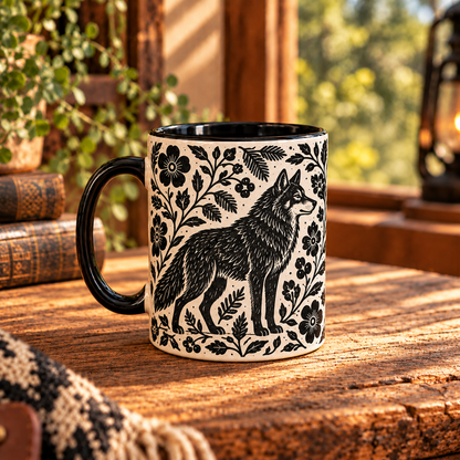 Wolf Botanical Linocut Ceramic Mug - Aesthetic Black & White Forest Animals Coffee Cup Home Decor