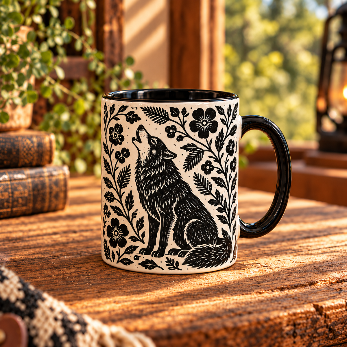 Wolf Botanical Linocut Ceramic Mug - Aesthetic Black & White Forest Animals Coffee Cup Home Decor