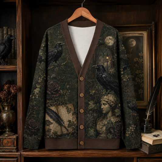 The Raven Nevermore Vintage Cardigan – Dark Academia Gothic Button Up Sweater