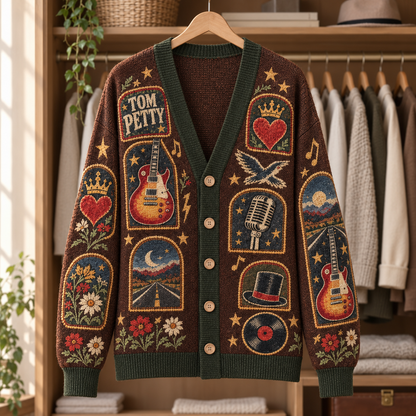Tom Petty Vintage Cardigan – Heart, Guitar & Highway Knit Sweater, Retro Classic Rock Button Cardigan