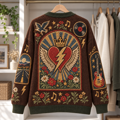 Tom Petty Vintage Cardigan – Heart, Guitar & Highway Knit Sweater, Retro Classic Rock Button Cardigan