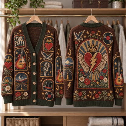 Tom Petty Vintage Cardigan – Heart, Guitar & Highway Knit Sweater, Retro Classic Rock Button Cardigan
