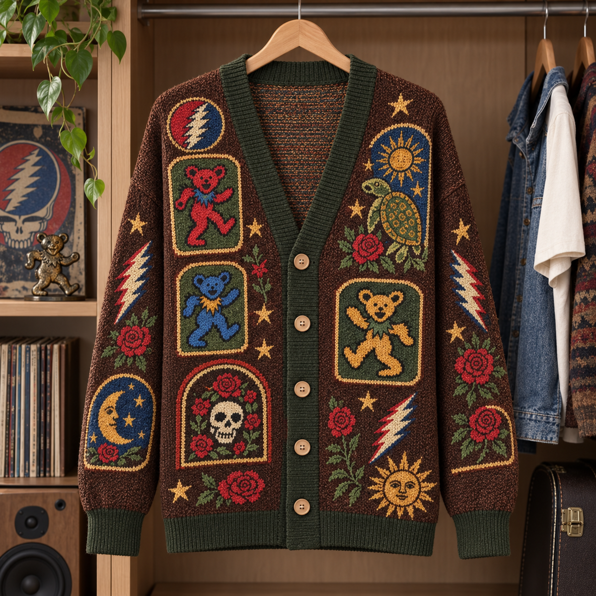 Grateful Dead Vintage Cardigan – Steal Your Face, Dancing Bears & Roses Knit Sweater, Psychedelic Deadhead Button Cardigan Gift