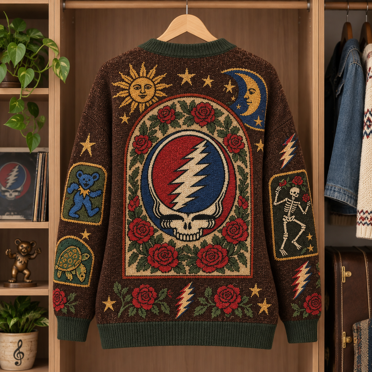 Grateful Dead Vintage Cardigan – Steal Your Face, Dancing Bears & Roses Knit Sweater, Psychedelic Deadhead Button Cardigan Gift