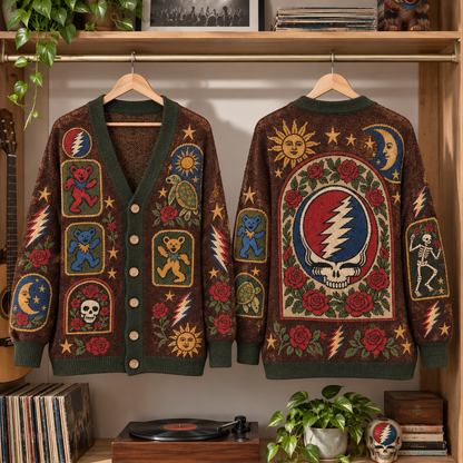 Grateful Dead Vintage Cardigan – Steal Your Face, Dancing Bears & Roses Knit Sweater, Psychedelic Deadhead Button Cardigan Gift