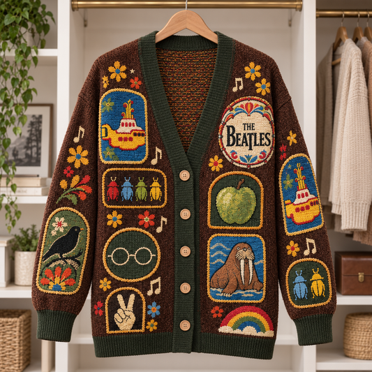The Beatles Vintage Cardigan – Abbey Road, Yellow Submarine & Apple Knit Sweater, Retro 60s Rock Band Cardigan, Beatles Fan Gift