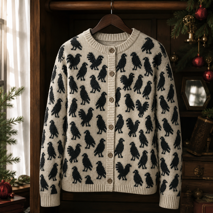 Black Raven Cardigan, Gothic Crow Sweater, Dark Academia Knit Cardigan, Witchy Bird Pullover, Spooky Fall Outfit