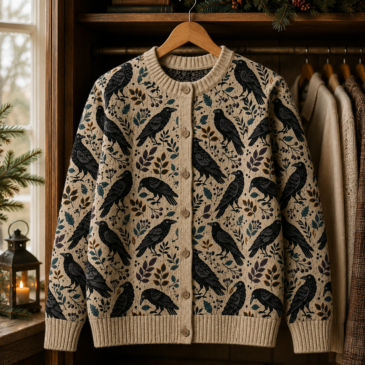 The Raven Botanical Cardigan, Gothic Crow Sweater, Vintage Raven Clothing
