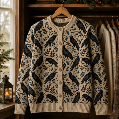 The Raven Botanical Cardigan, Gothic Crow Sweater, Vintage Raven Clothing