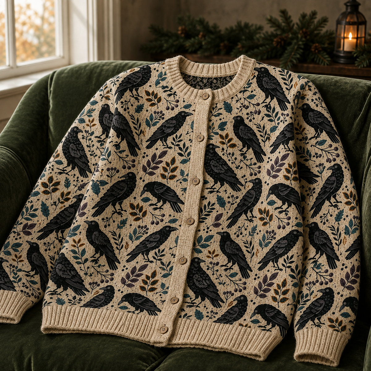 The Raven Botanical Cardigan, Gothic Crow Sweater, Vintage Raven Clothing