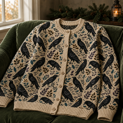 The Raven Botanical Cardigan, Gothic Crow Sweater, Vintage Raven Clothing