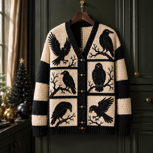 The Raven Cardigan, Gothic Crow Knit Cardigan, Black Bird Sweater, Dark Academia Raven Cardigan, Witchy Cottagecore Knitwear