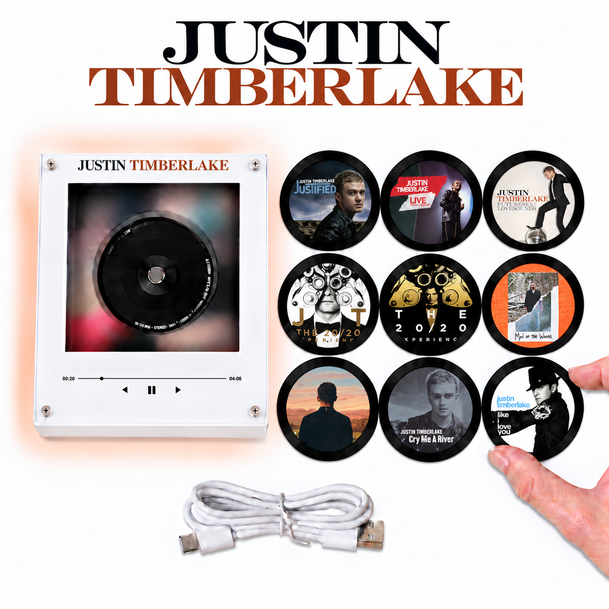Justin Timberlake MagTune Mini CD Player Light - Premium Pop R&B Merchandise, FutureSex/LoveSounds Album Art LED Night Light Gift