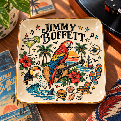 Jimmy Buffett Ceramic Jewelry Dish - Margaritaville Parrot Trinket Tray, Tropical Rock Music Fan Gift & Room Decor