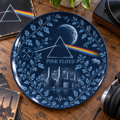 Pink Floyd Toile de Jouy Ceramic Plate - Decorative Wall & Table Display Dish, Blue Dark Side of the Moon Rock Fan Gift