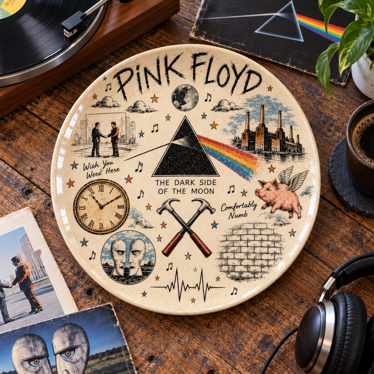 Pink Floyd Sketch Art Ceramic Plate - Decorative Wall & Table Display Dish, Dark Side of the Moon Wish You Were Here Rock Fan Gift