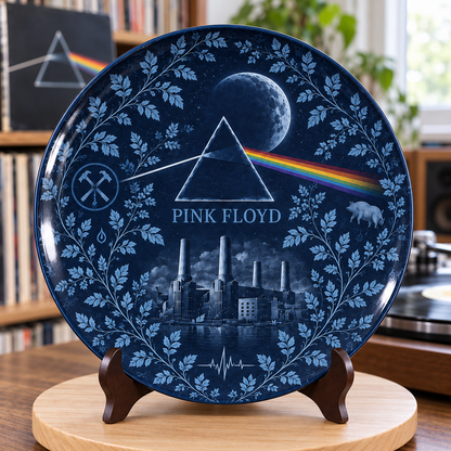 Pink Floyd Toile de Jouy Ceramic Plate - Decorative Wall & Table Display Dish, Blue Dark Side of the Moon Rock Fan Gift