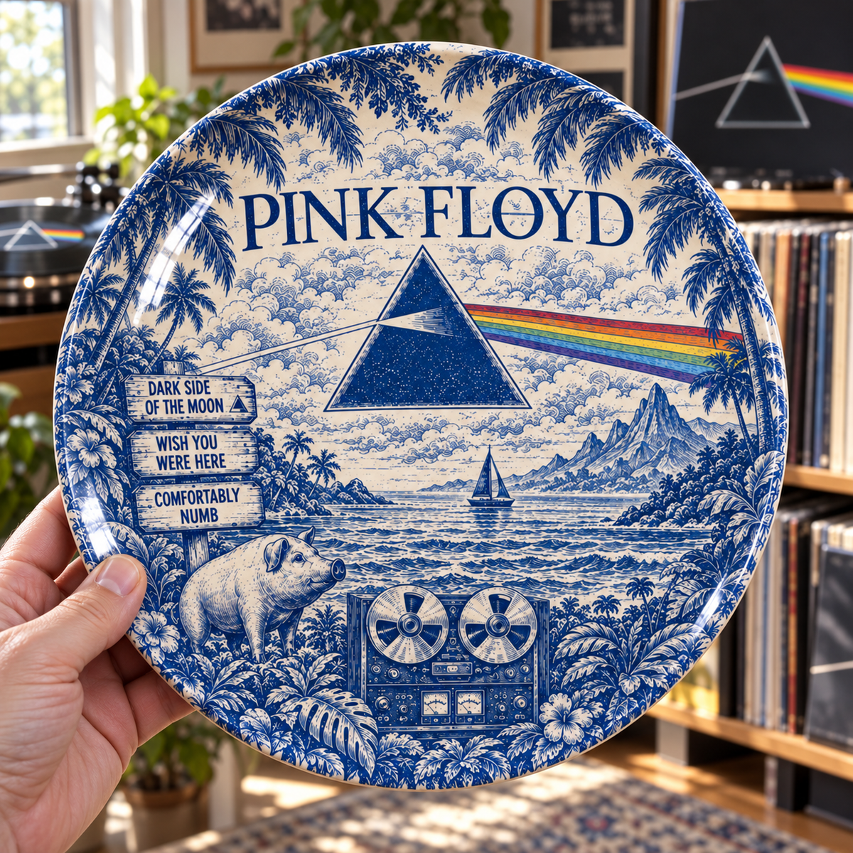 Pink Floyd Toile de Jouy Ceramic Plate - Decorative Wall & Table Display Dish, Blue Dark Side of the Moon Rock Fan Gift