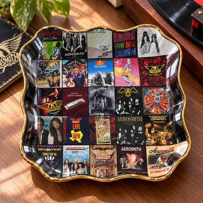 Aerosmith Album Cover Jewelry Dish – Vintage Rock Music Collage Trinket Tray, Wavy Ceramic Ring Holder, Gold Rim Jewelry Organizer, Classic Rock Fan Gift