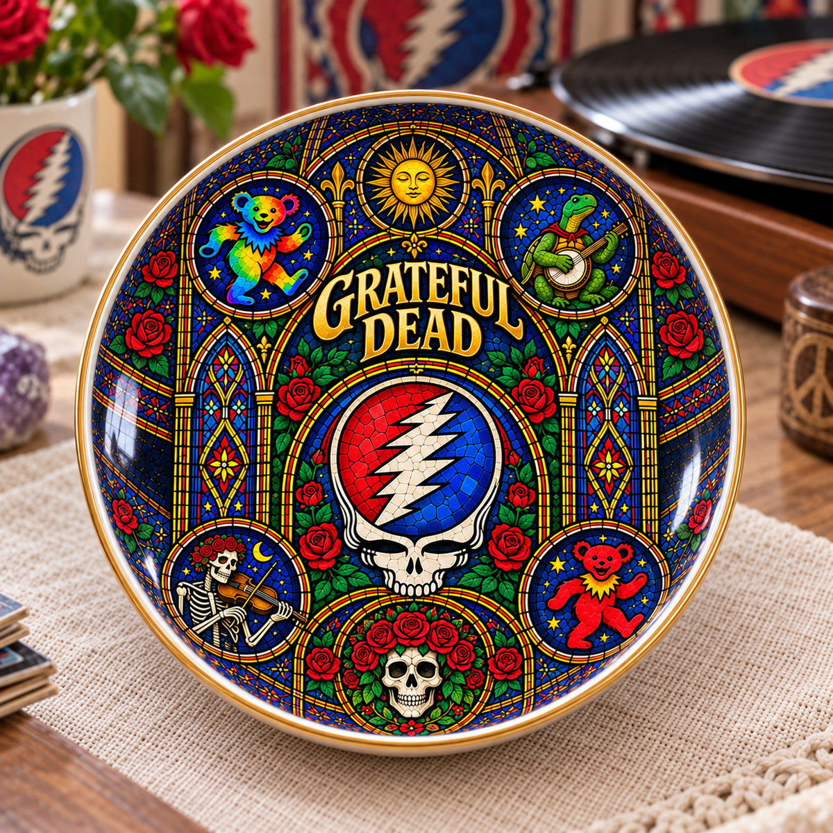 Grateful Dead Ceramic Ring Dish - Jam Band Stained Glass Jewelry Tray, Steal Your Face Trinket Dish Fan Gift