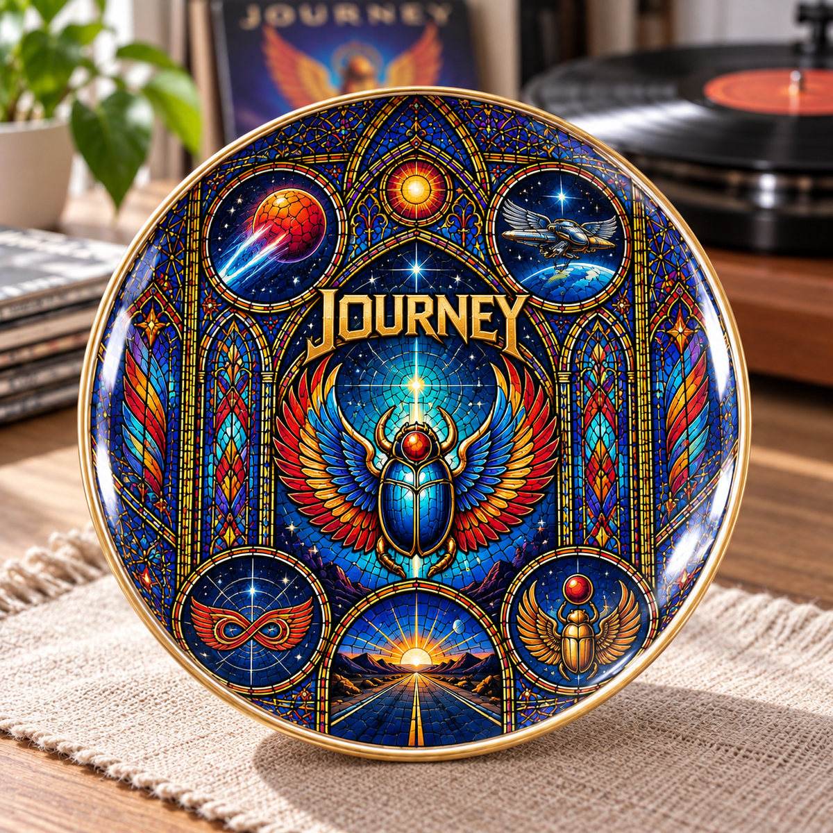 Journey Ceramic Ring Dish - Classic Rock Winged Scarab Stained Glass Jewelry Tray, Band Trinket Dish Fan Gift