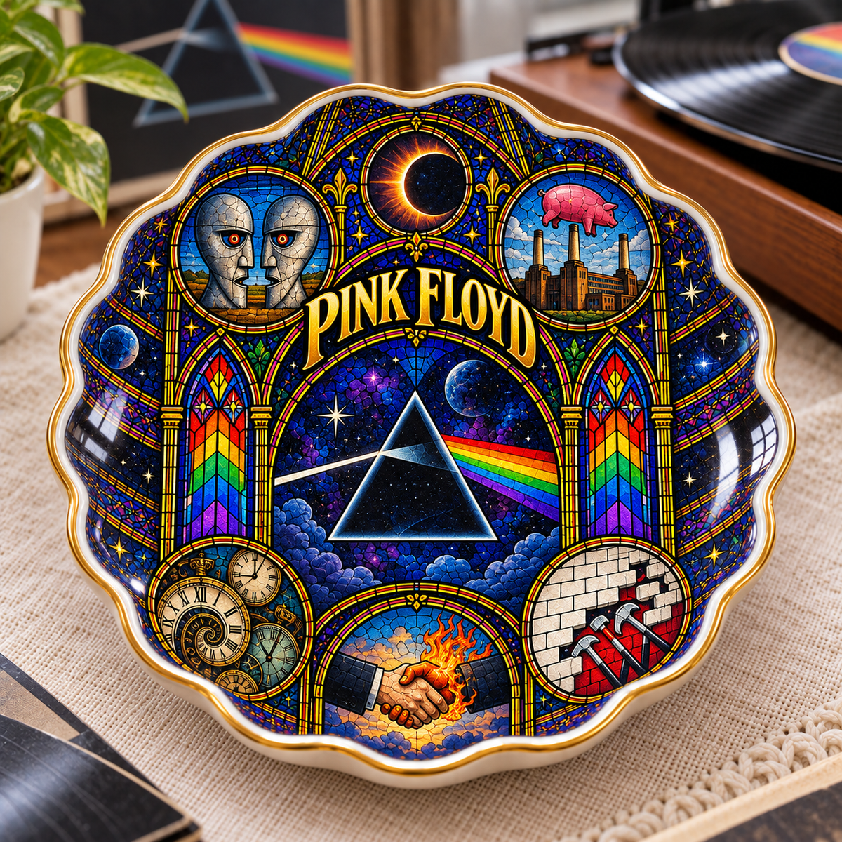 Pink Floyd Ceramic Ring Dish - Prog Rock Dark Side Of The Moon Stained Glass Jewelry Tray, Trinket Dish Fan Gift