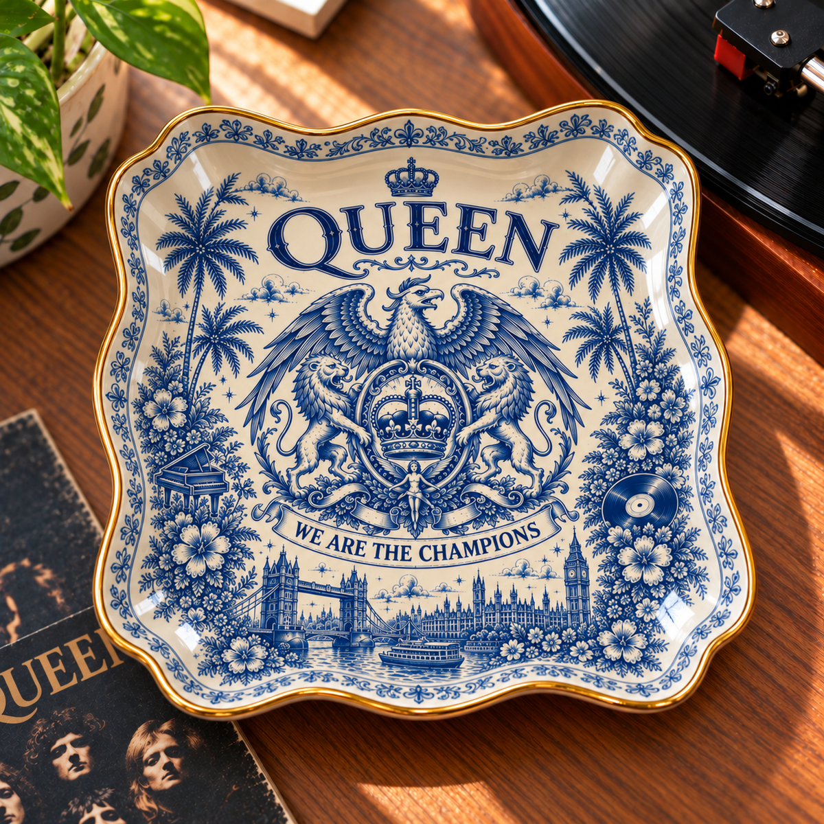 Queen Jewelry Dish – We Are the Champions Ceramic Trinket Tray, Vintage Blue & White Royal Crest Ring Holder