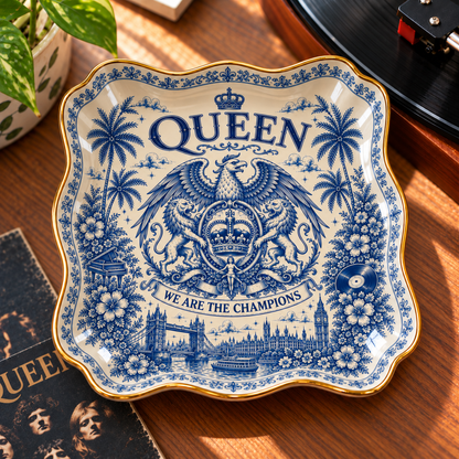 Queen Jewelry Dish – We Are the Champions Ceramic Trinket Tray, Vintage Blue & White Royal Crest Ring Holder