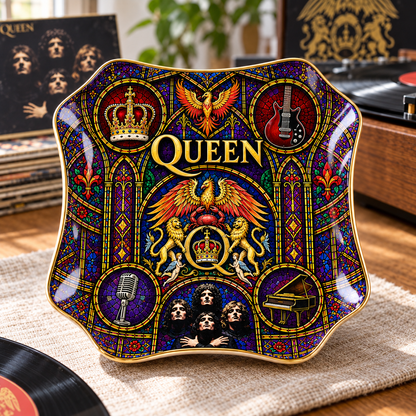 Queen Ceramic Ring Dish - Classic Rock Stained Glass Jewelry Tray, Crest Logo Bohemian Rhapsody Trinket Dish Fan Gift