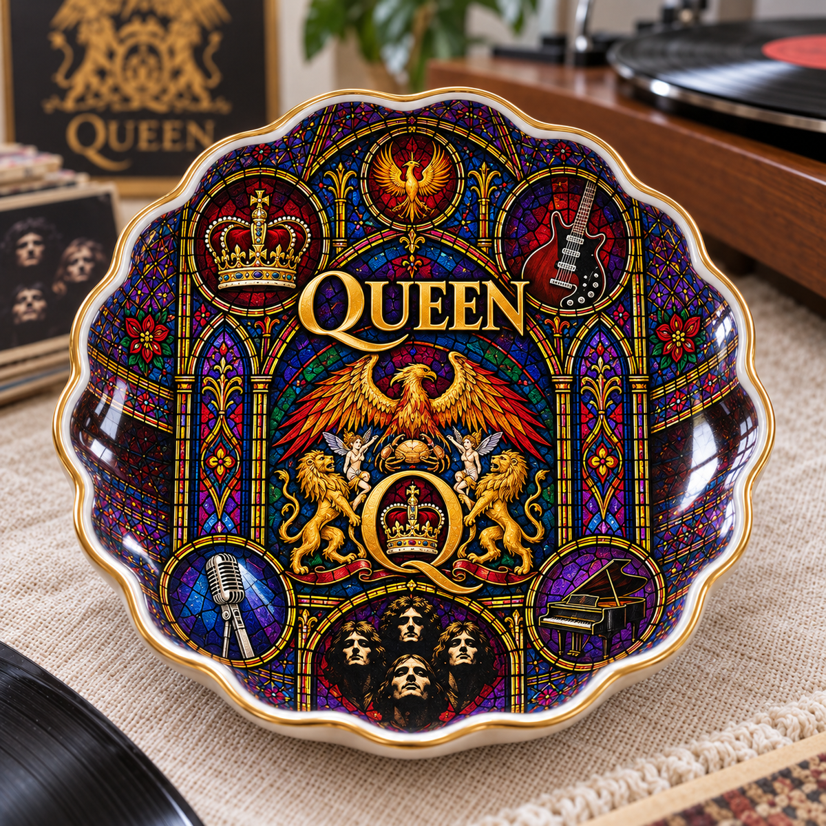 Queen Ceramic Ring Dish - Classic Rock Stained Glass Jewelry Tray, Crest Logo Bohemian Rhapsody Trinket Dish Fan Gift