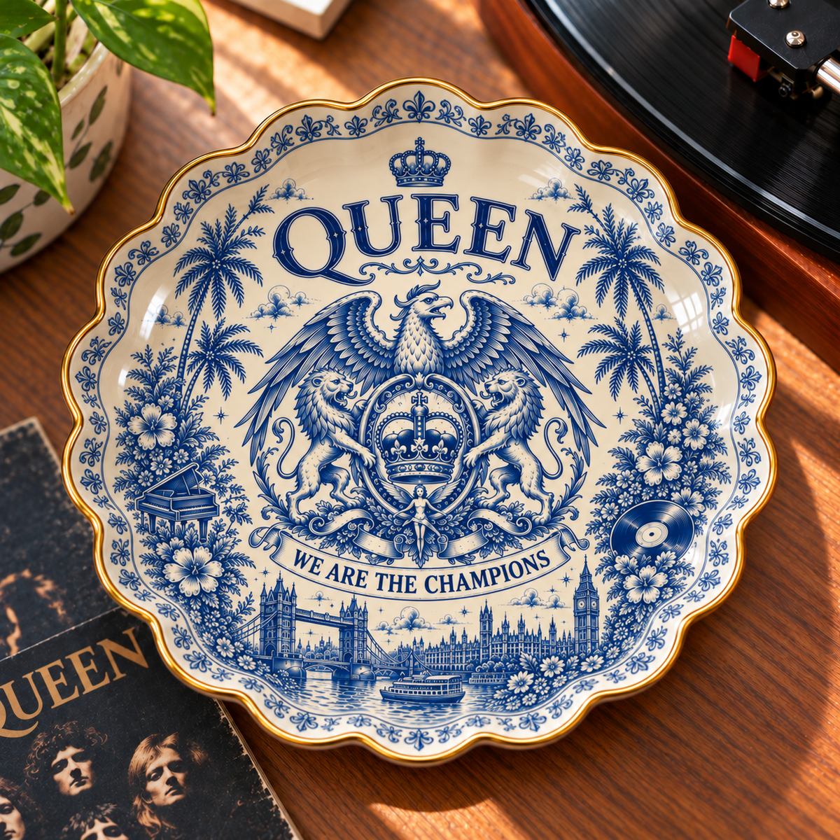 Queen Jewelry Dish – We Are the Champions Ceramic Trinket Tray, Vintage Blue & White Royal Crest Ring Holder